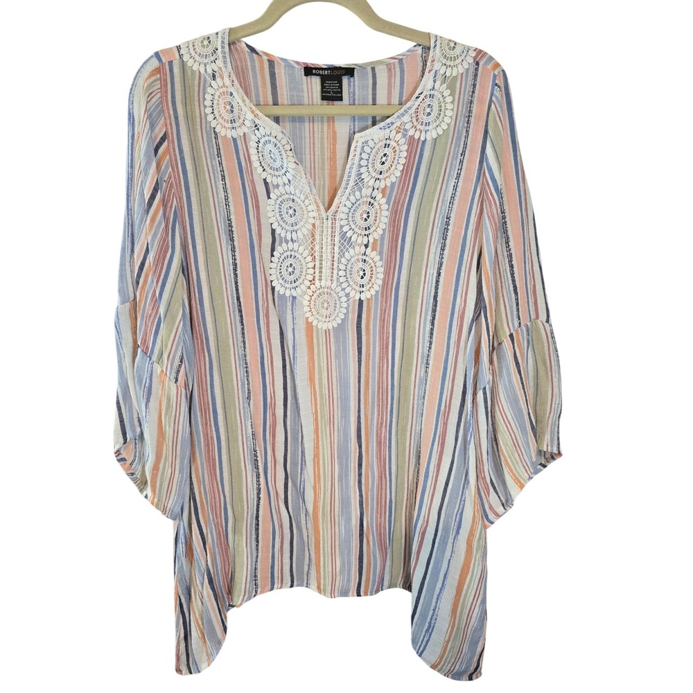 Robert‎ Louis Womens Boho Striped Crochet Lace Trim Sharkbite Hem Tunic Top L